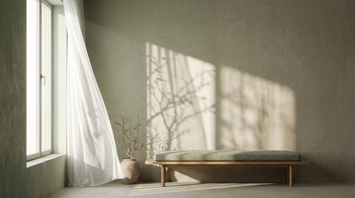 Journey End Designs hero background - soft light through window with branch shadows