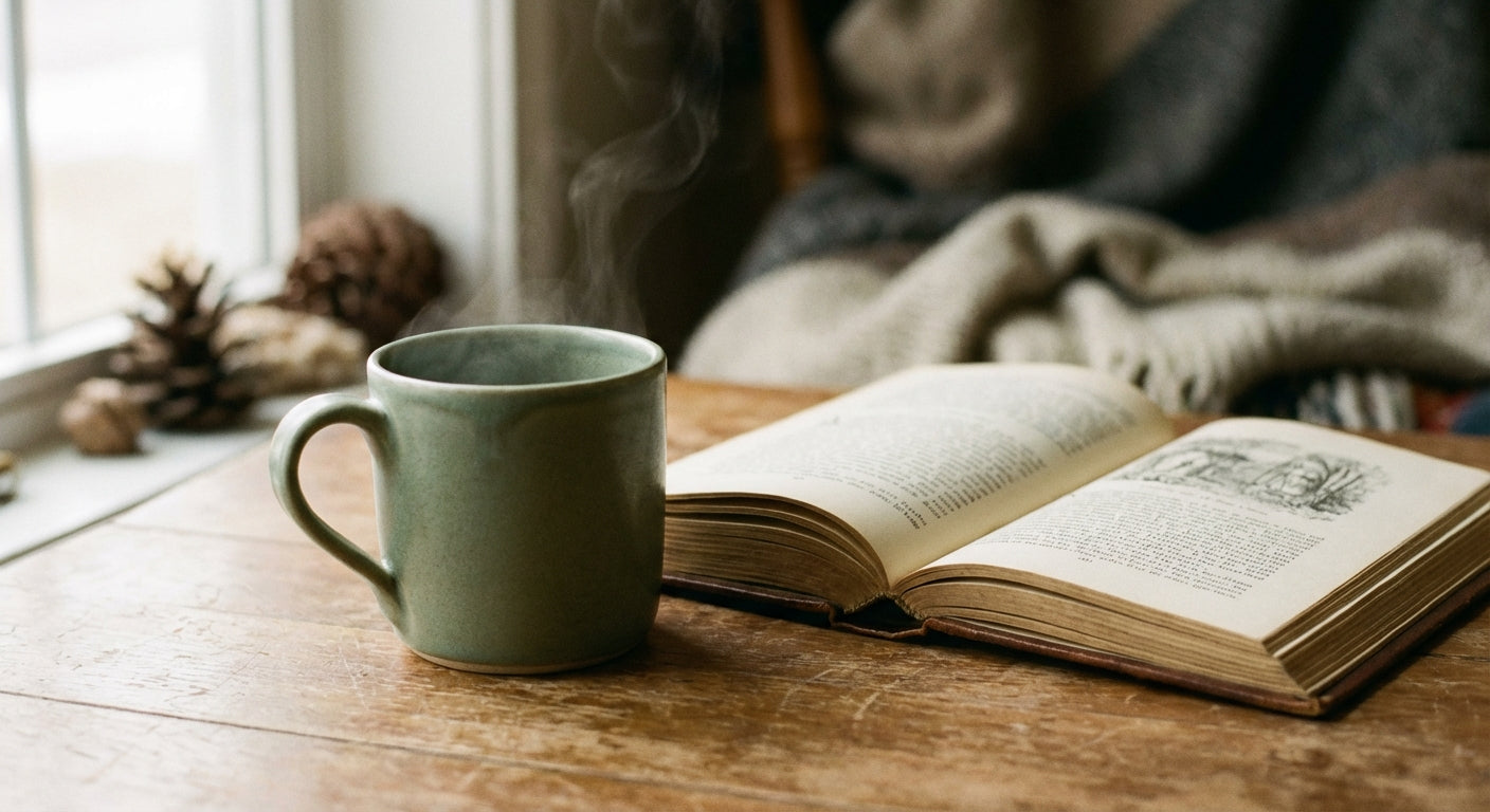 Cozy scene with ceramic mug and open book